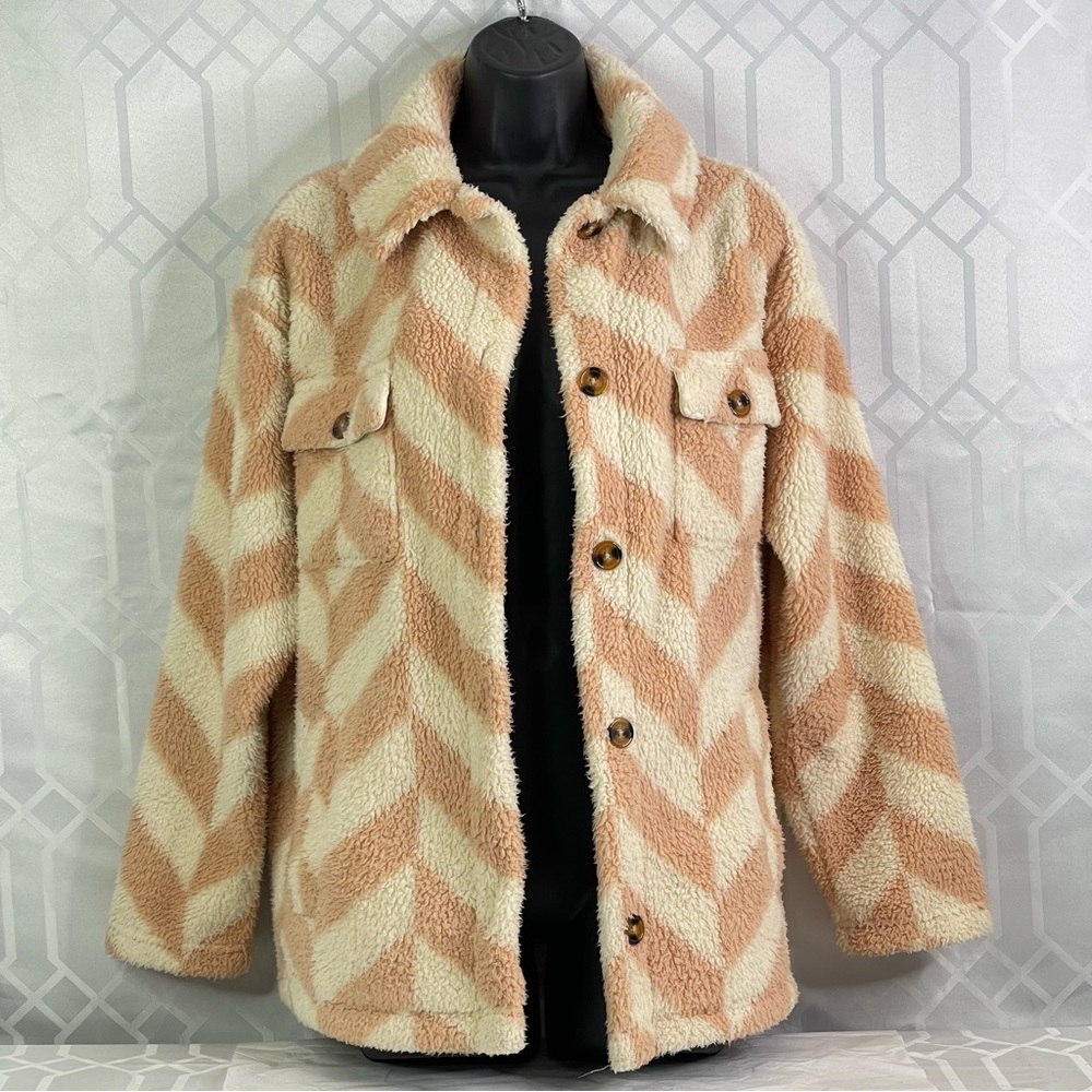 Billabong Fairbanks Sherpa Shacket XS Nude Mood Peach Chevron Cozy Teddy Coat